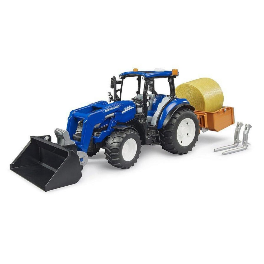BRUDER 02187 New Holland T5.120 mit Frontlader, Ladekasten, Gabeln und Rundballen
